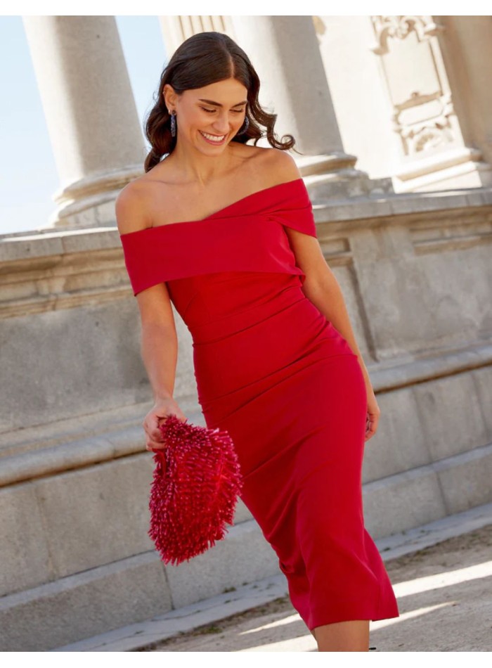 Midi dress with crossover neckline and pencil skirt