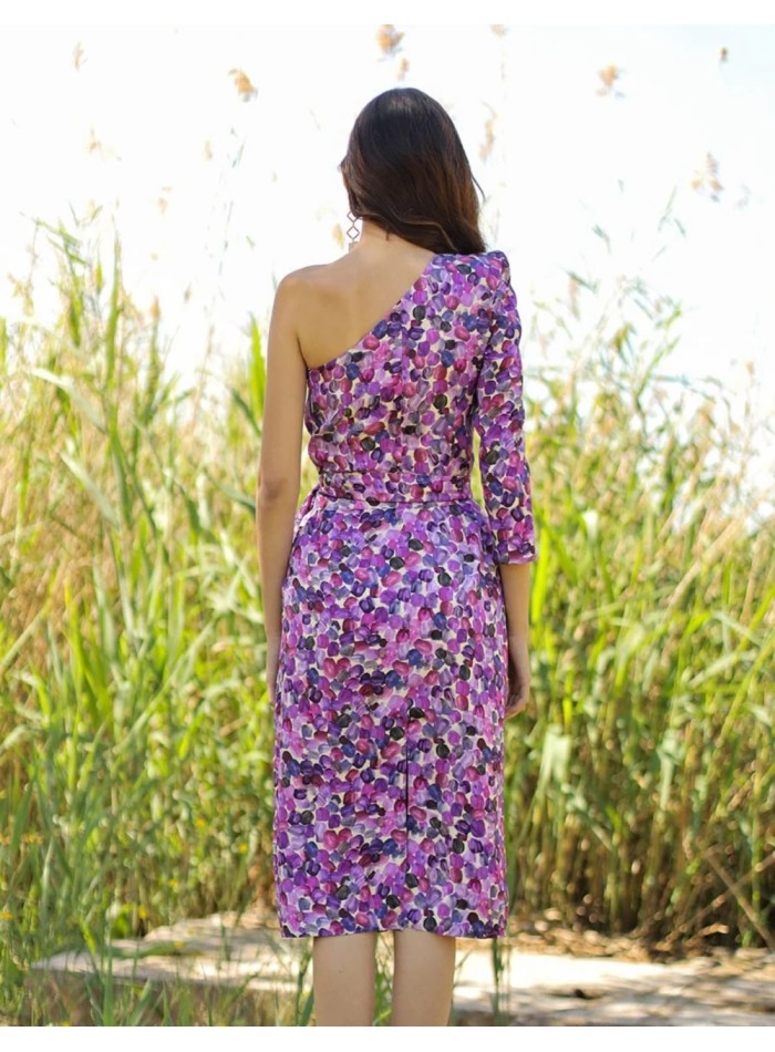 Printed cocktail dress with asymmetrical neckline