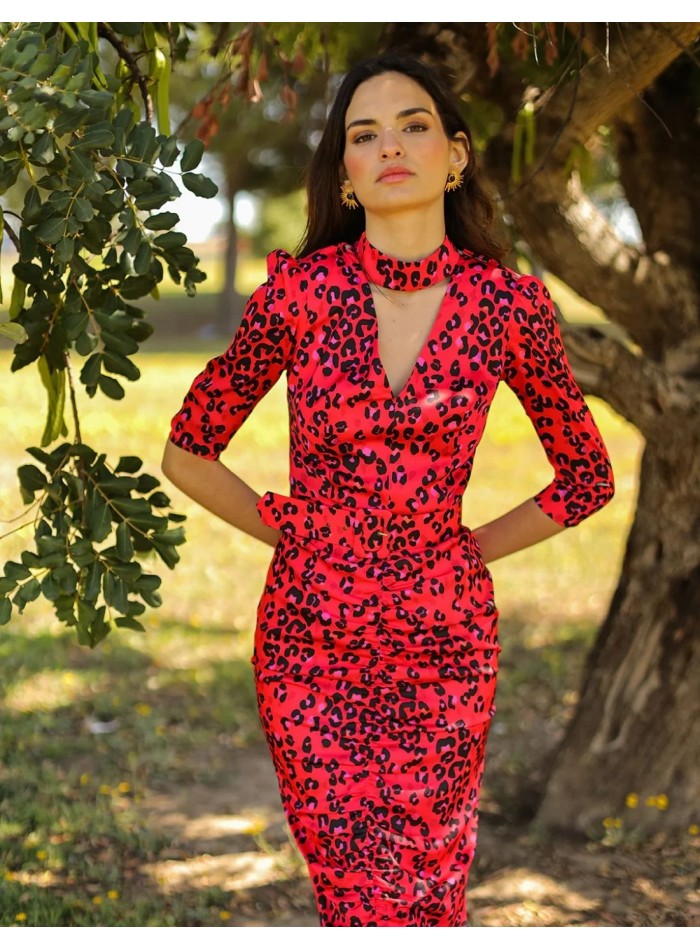Vestido midi estampado animal print con escote