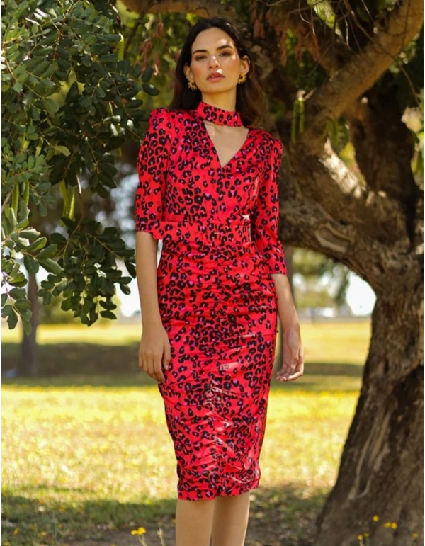 Vestido midi estampado animal print con escote