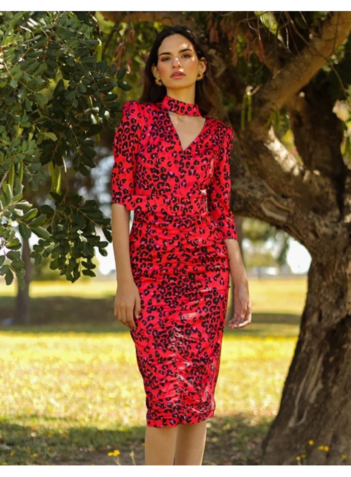 Animal print midi dress with neckline
