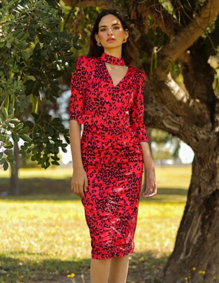 Animal print midi dress with neckline