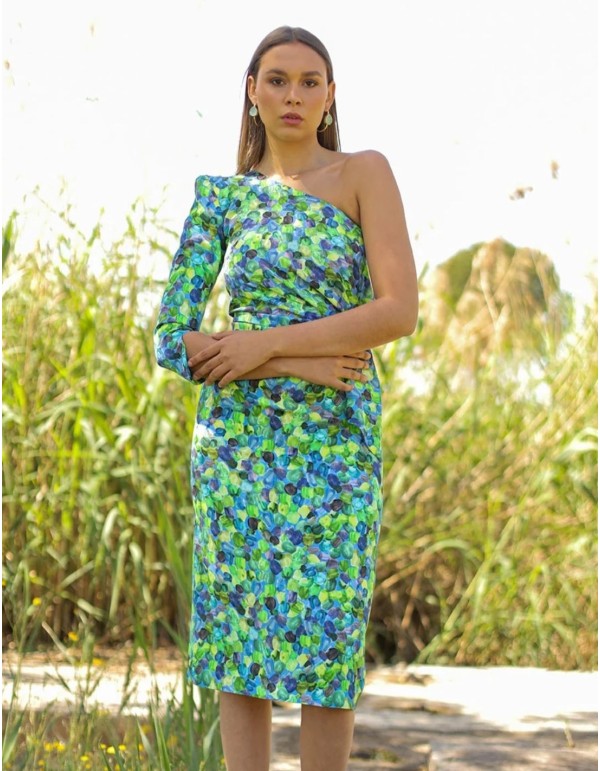 Robe de soirée midi avec imprimé à encolure asymétrique