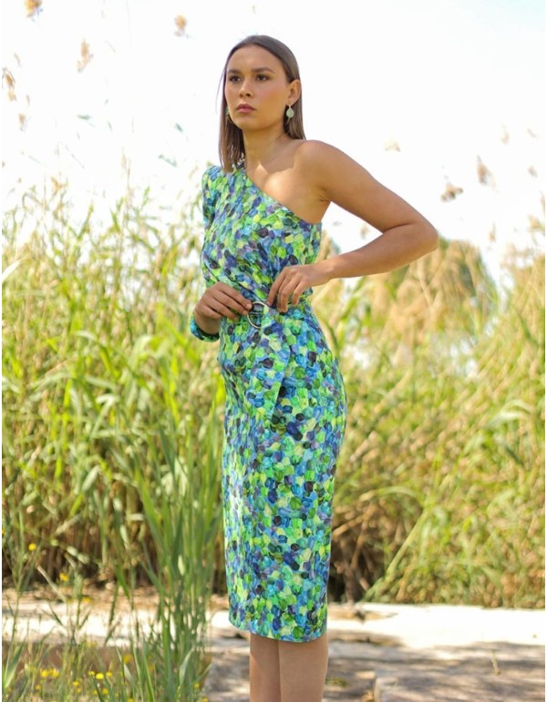 Robe de soirée midi avec imprimé à encolure asymétrique 2