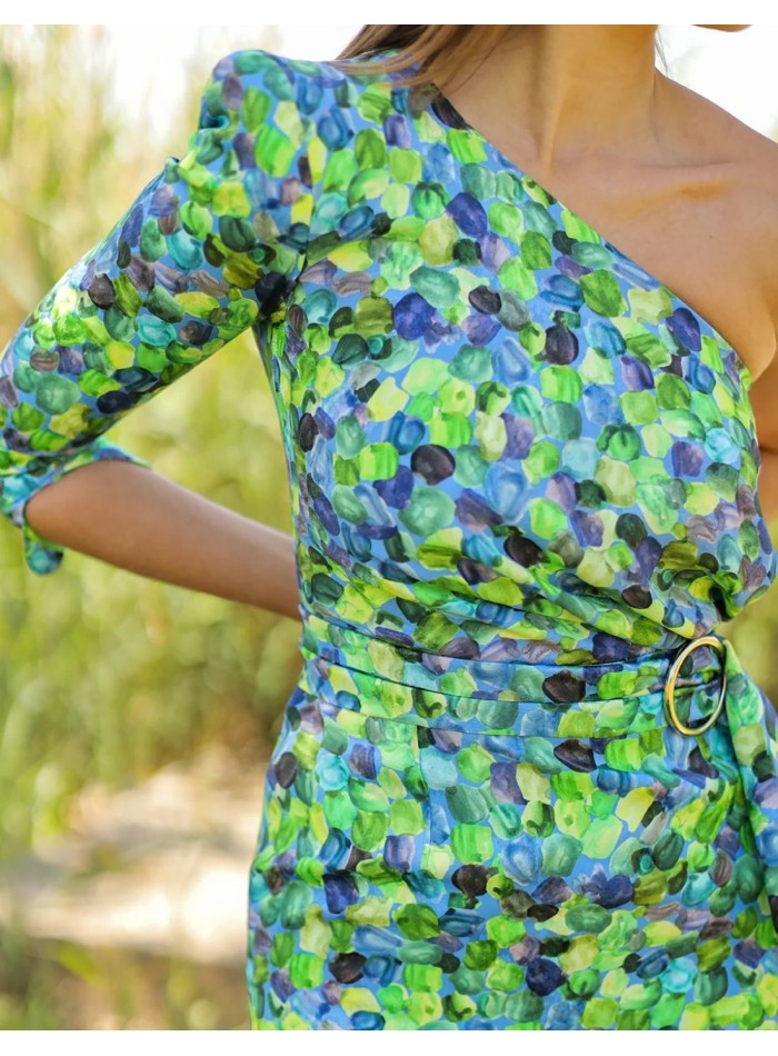 Printed asymmetrical neckline midi party dress