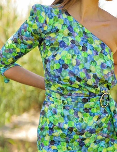 Vestido de fiesta midi escote asimétrico estampado