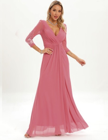 Robe longue de fête avec manches françaises et détails en strass