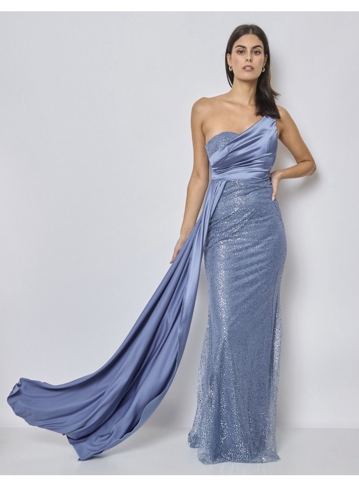 Evening dress with asymmetrical neckline and satin overskirt
