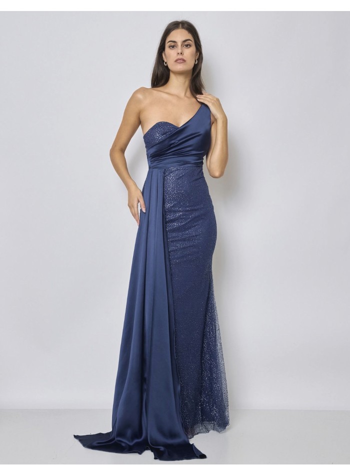 Evening dress with asymmetrical neckline and satin overskirt