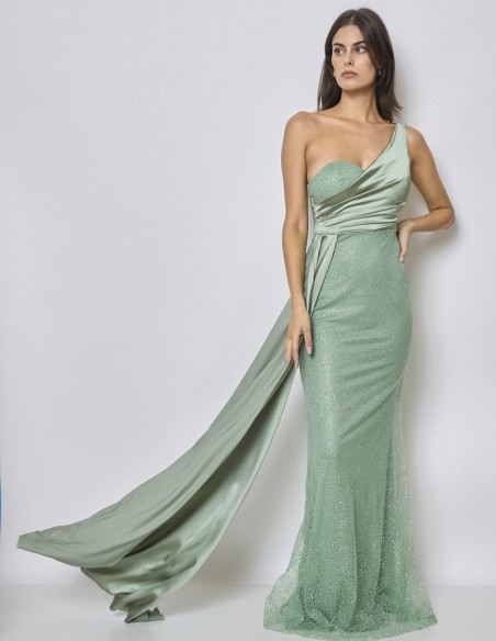 Vestido de fiesta con escote asimétrico y sobrefalda de satén verde agua