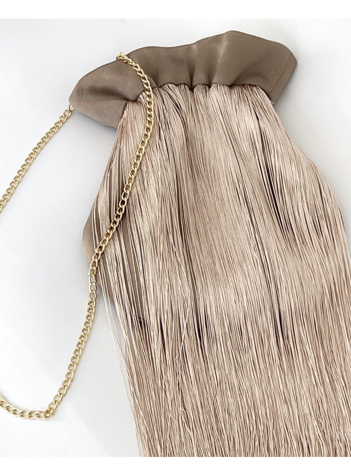 beige satin bowler bag for guests with chain.