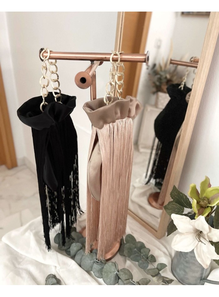 satin party bowler bag with metallic gold chain.