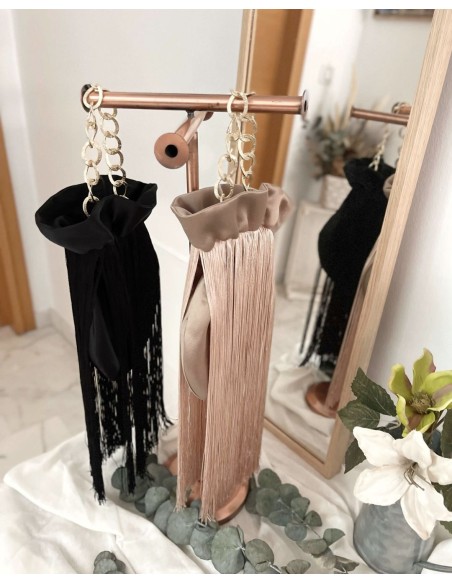 satin party bowler bag with metallic gold chain.