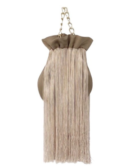 satin bowler bag with long bangs and metallic golden handle.