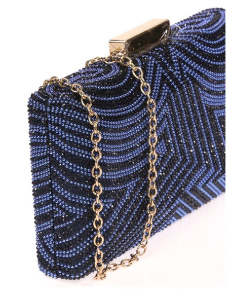 bolso de fiesta con pedreria azul y negro para invitada.