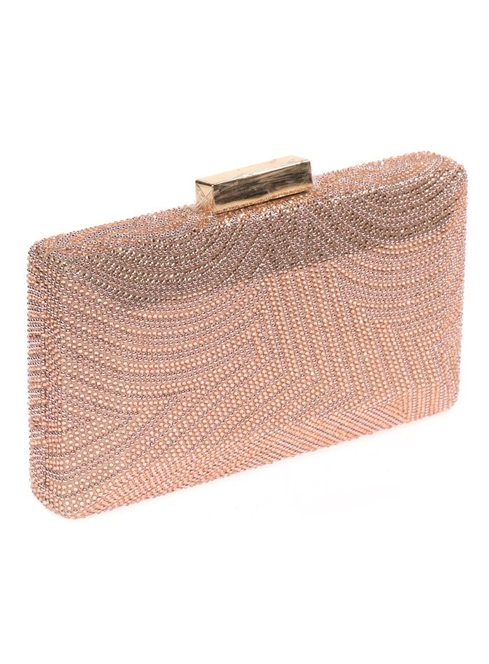 clutch de fiesta en color rosa con piedras de diferentes tonos.