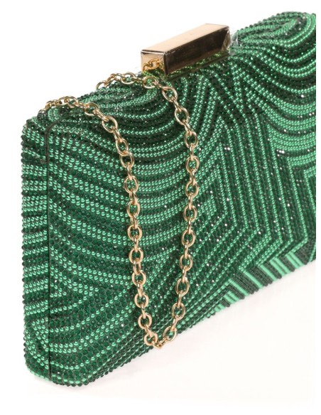 clutch de fiesta en color verde claro y oscuro formando una combinacion de pedreria.