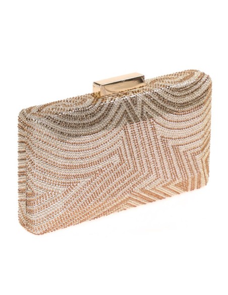 clutch de fiesta con pedreria con cadena larga metalizada.
