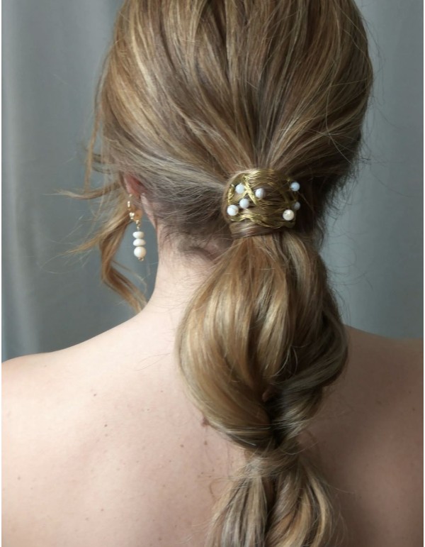 Brass metallic thread scrunchie for brides with ponytail.