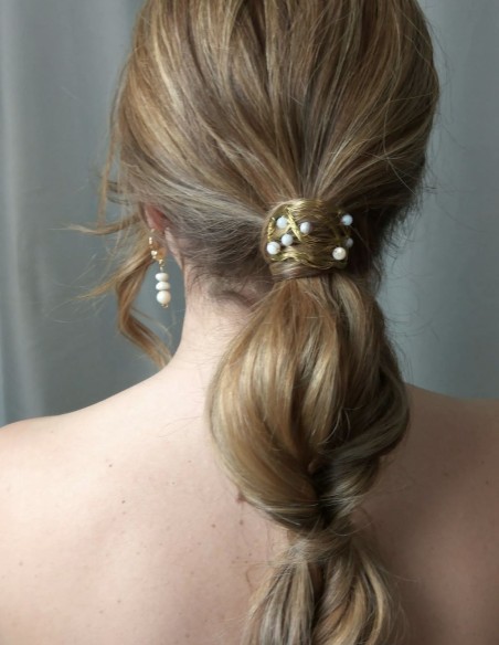 Brass metallic thread scrunchie for brides with ponytail.