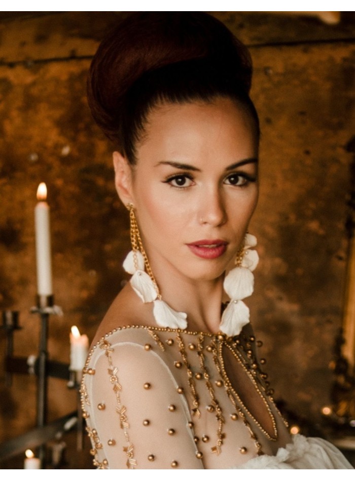 Long dangling petals earrings for bride.