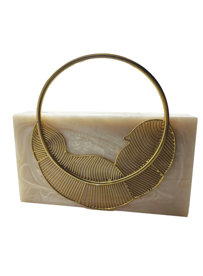 Bolso nacarado duro con decoración de hoja -...