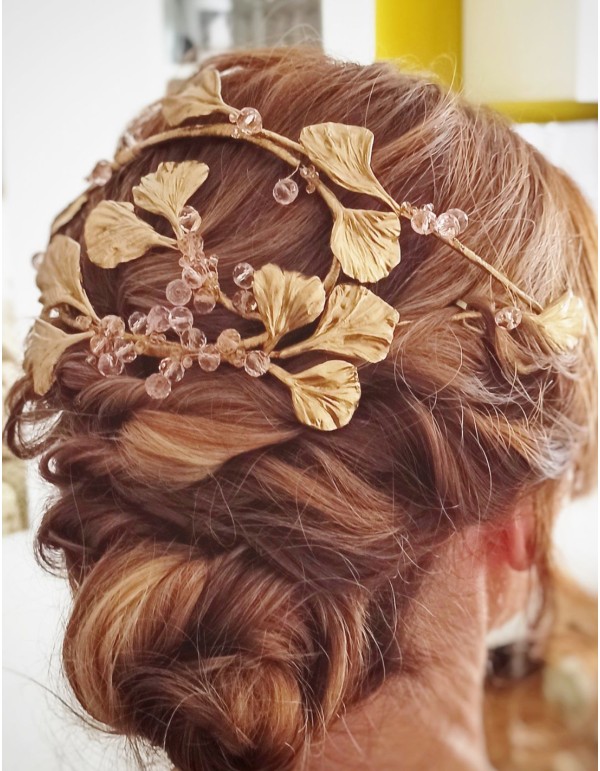 Porcelain leaves and crystal clusters headdress for bride.