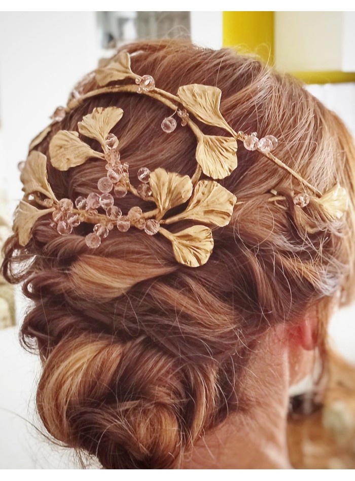 Porcelain leaves and crystal clusters headdress for bride.