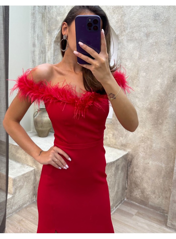 Party dress with feather bandeau neckline