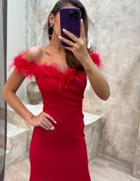 Party dress with feather bandeau neckline