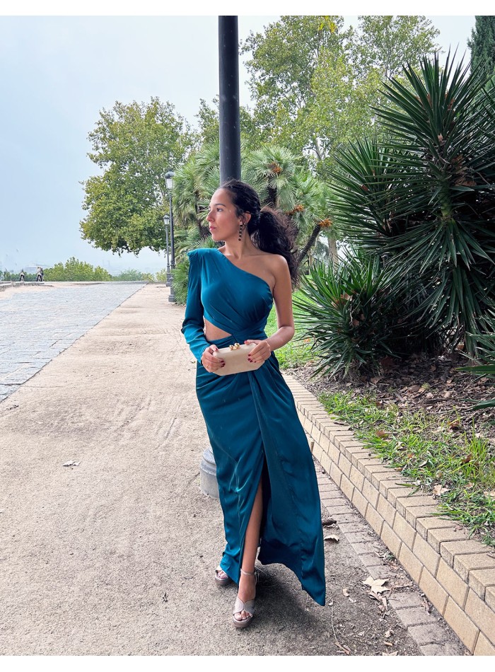 Long evening dress with one sleeve and side...