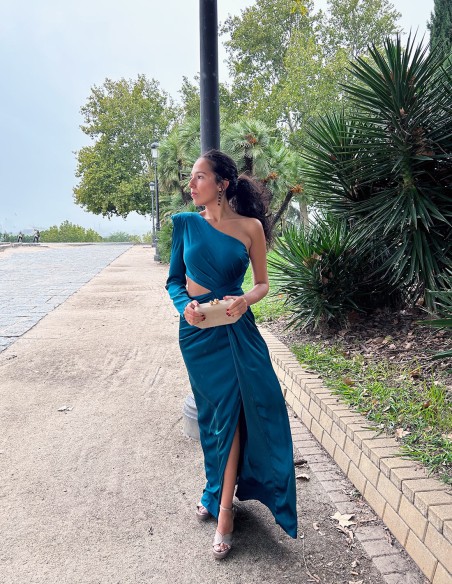Long evening dress with one sleeve and side cut-out