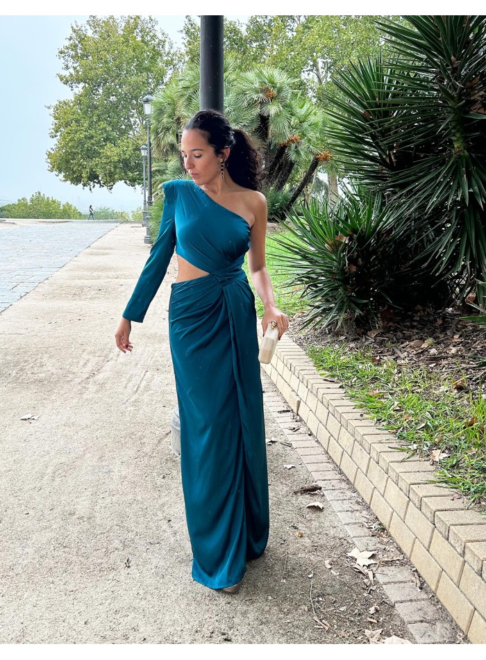 Vestido de fiesta largo con una manga y cut-out lateral azul turquesa