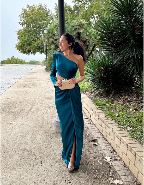 Long evening dress with one sleeve and side cut-out
