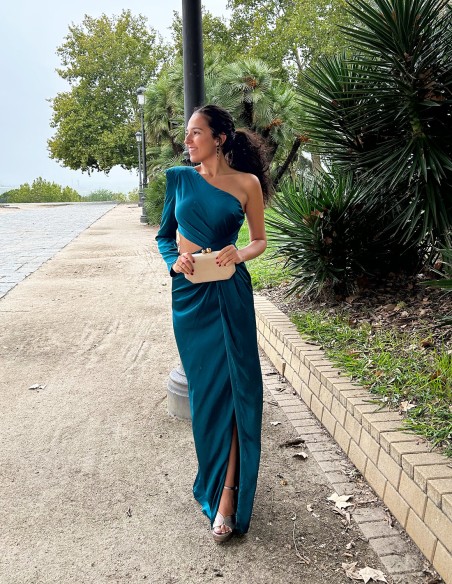 Long evening dress with one sleeve and side cut-out