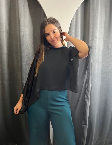 Multi-position chiffon cape in black.