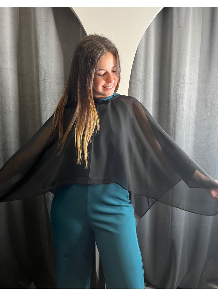 Multi-position long chiffon cape for events.