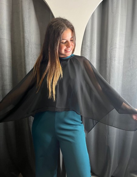 Multi-position long chiffon cape for events.