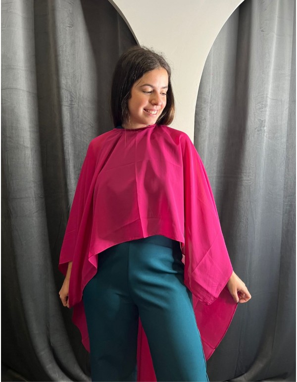 Chiffon cape with slit and button for guests.