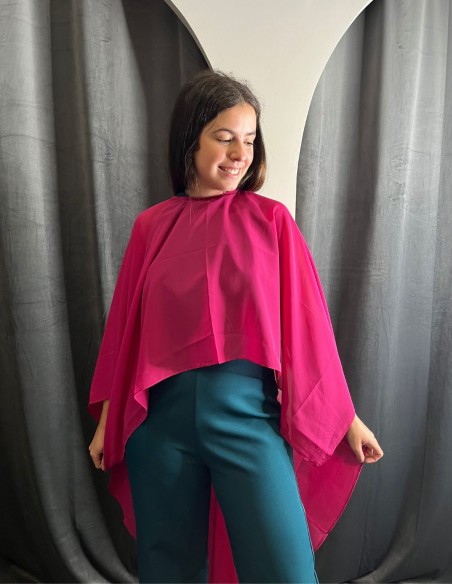Chiffon cape with slit and button for guests.