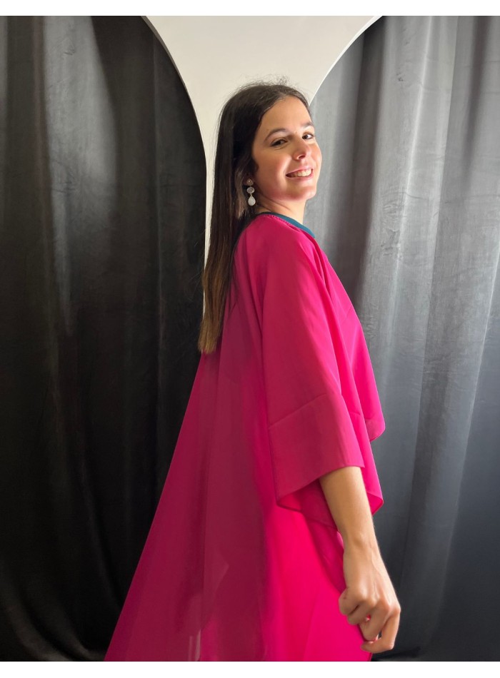 Multi-position style chiffon guest cape for autumn winter events.