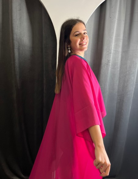 Multi-position style chiffon guest cape for autumn winter events.