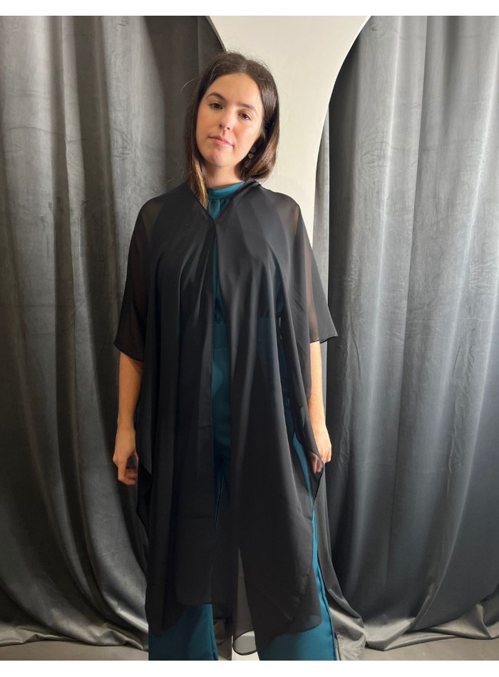 Multi-position black chiffon cape for autumn winter events.