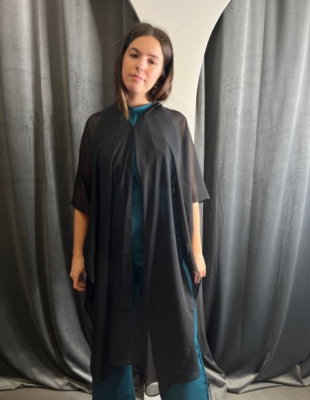 Multi-position black chiffon cape for autumn winter events.