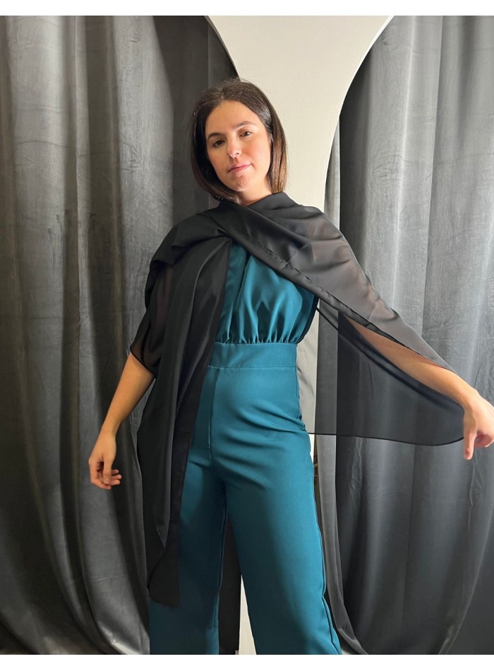 Fluid chiffon cape for wedding guests.
