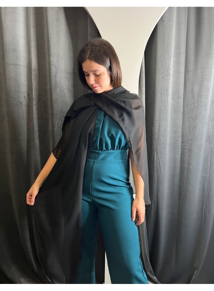 Multi-position black chiffon cape for guests.