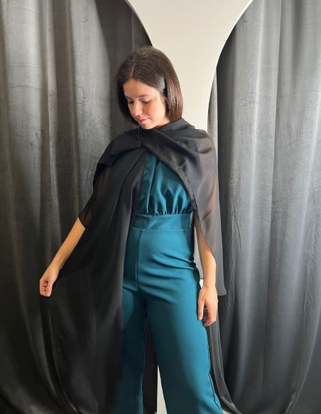 Multi-position black chiffon cape for guests.