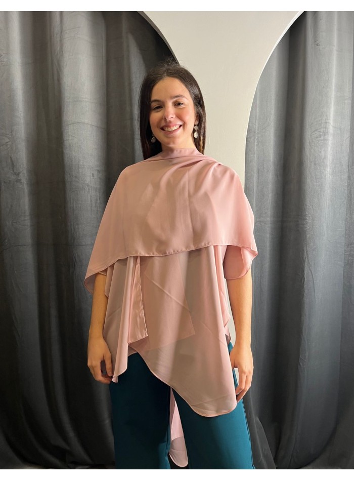 Multi-position pink chiffon long cape for guests.