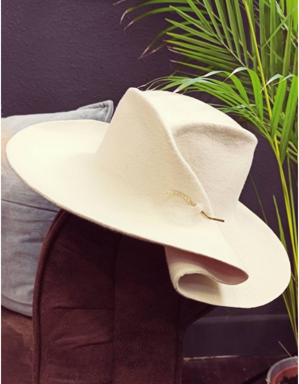 White wool hat with pleat and ruffle.