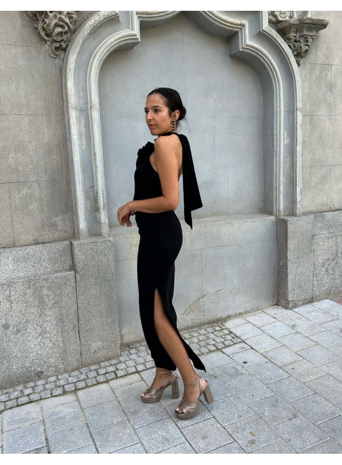 Black midi party dress for evening events.